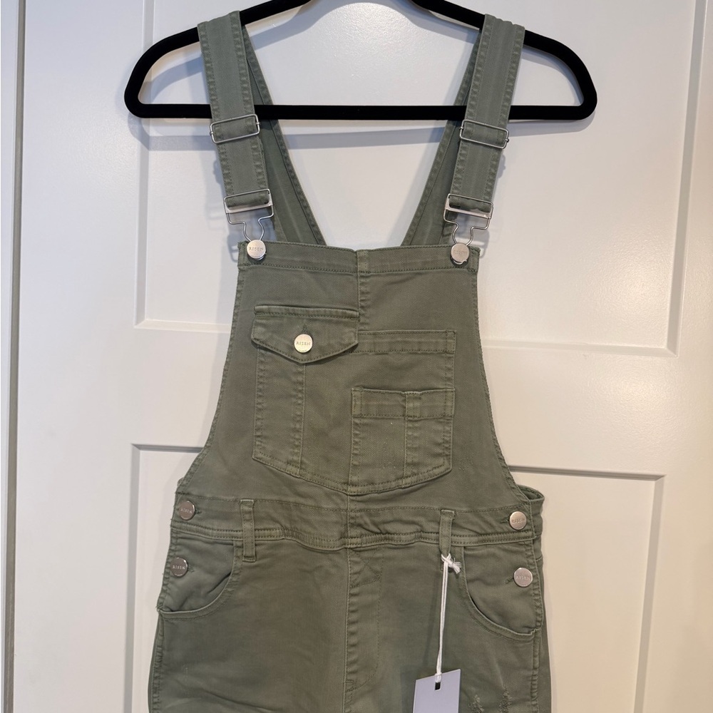 Risen Overalls Straight Leg Denim Olive Distressed Raw Hem - Picture 8 of 10